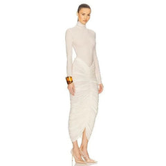 High-Neck Long-Sleeve Ruched Midi Dress