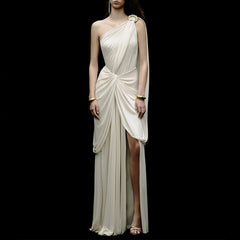 One-Shoulder Grecian Style Draped Maxi Dress