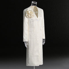 Long Blazer Dress with Oversized Shoulder Flower Accent