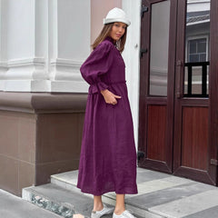 Puff-Sleeve Collared Midi Dress with Keyhole Detail