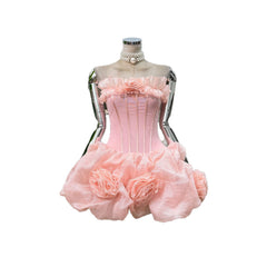 Strapless Corset Mini Dress with Floral Appliqué Bubble Skirt