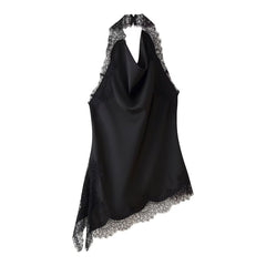 Black Satin Lace-Trim Asymmetric Halter Top