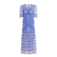 Tiered Ruffle Mesh Maxi Dress with Polka Dot Pattern