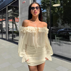 Off-the-Shoulder Ruched Long-Sleeve Mini Dress