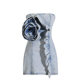 Strapless Denim Mini Dress with Large Floral Appliqué