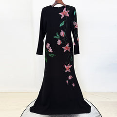 Embellished Floral Long Sleeve Column Maxi Dress