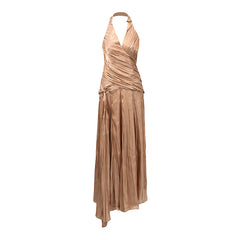Halter Neck Ruched Satin Maxi Dress with Drape Detail