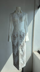Long Sleeve Lace Maxi Dress with Crisscross Pleated Waist