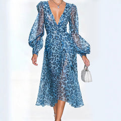 Leopard Print V-Neck Midi Dress with Lantern Sleeves