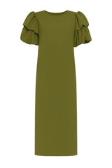 Elegant Olive Puff Sleeve Knit Dress