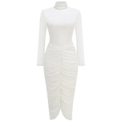 High-Neck Long-Sleeve Ruched Midi Dress