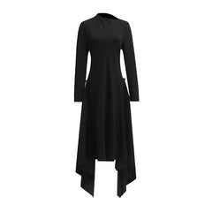 Long-Sleeve High-Neck Dress with Asymmetrical Draped Hem