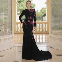 Embellished Floral Long Sleeve Column Maxi Dress