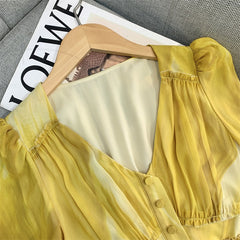 Golden Marbled Puff Sleeve Chiffon Dress