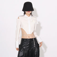 Cut-Out Floral Appliqué Shirt with Waist Tie Detail