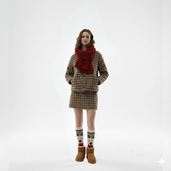 Wool Knit Plaid Set Brown Jacket Mini Skirt