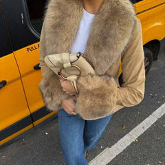 Faux Suede Jacket with Plush Faux Fur Trim