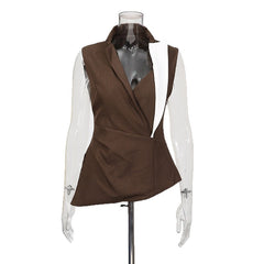 Sleeveless Asymmetric Wrap Vest with Contrast Lapel Detail