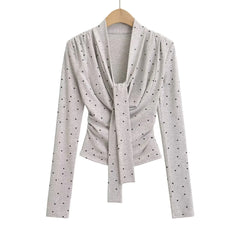 Polka Dot Print Tie-Front Knit Top