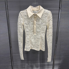 Long Sleeve Sheer Floral Lace Polo Shirt
