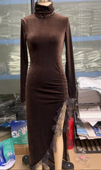 High-Neck Ruched Velvet Maxi Dress with Lace Trim