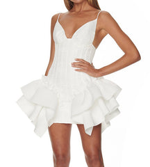 Strap V-neck Ruffle Edge Mini Dress