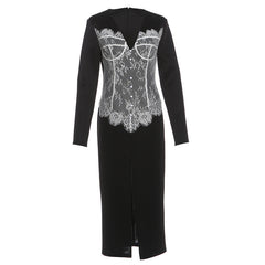 V-Neck Long Sleeve Lace Bodice Midi Dress