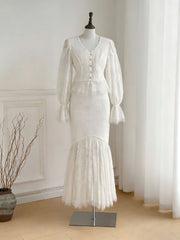 Victorian-Style Lace Button-Up Blouse and Mermaid Skirt Set