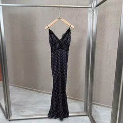 Polka Dot Spaghetti Strap Maxi Dress with Lace Trim