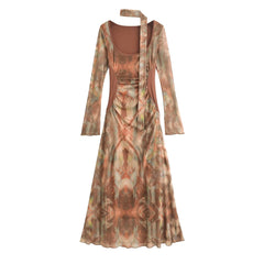 Scoop-Neck Abstract Print Maxi Dress with Scarf Detail