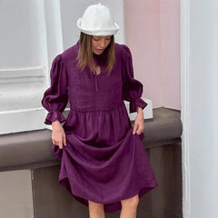 Puff-Sleeve Collared Midi Dress with Keyhole Detail