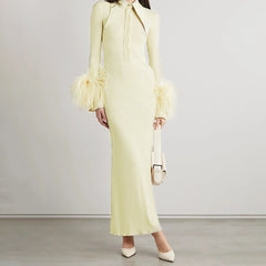 Soft White Long Sleeve Dress with Feather Cuff