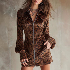 Leopard Print Velvet Zip-Front Mini Dress with Collared Neck