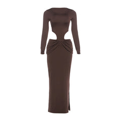 Long Sleeve Waist Cutout Ruched Maxi Dress