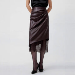 Asymmetric Faux Leather Skirt with Lace Trim Detail