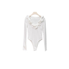 Ruffle-Trim V-Neck Long-Sleeve Bodysuit