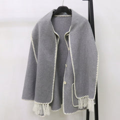 Soft Grey Scarf-Draped Blanket Coat