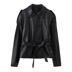 Belted Faux Leather Jacket with Notched Lapels and Epaulettes