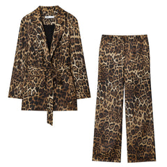 Leopard Print Belted Blazer and Wide-Leg Trousers Set