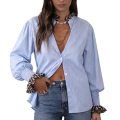 Blue Stripe Shirt with Leopard Cuffs