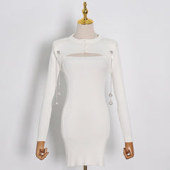 Elegant Pearl-Chain Embellished Knit Midi Dress