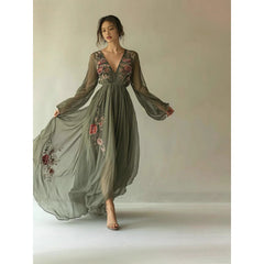 Floral Embroidered V-Neck Maxi Dress with Sheer Sleeves