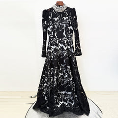 Jeweled High-Neck Floral Lace A-Line Gown