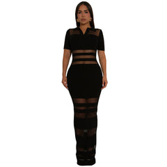 Black Mesh Stripe Polo Dress
