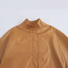 Chic Faux Leather High-Neck Cape Jacket