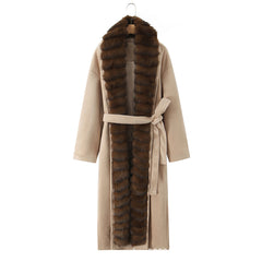 Long Belted Coat with Contrast Faux Fur Trim