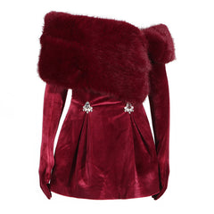 Faux Fur Off-Shoulder Velvet Mini Dress Gloves