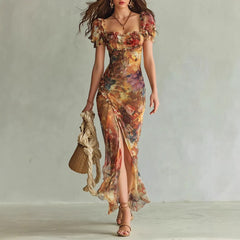 Floral Print Puff Sleeve Maxi Dress with Front Slit