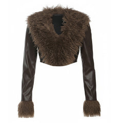 Cropped Faux Leather Jacket with Shaggy Faux Fur Trim