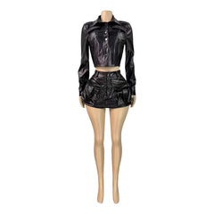 Faux Leather Button-Up Crop Top and Cargo Mini Skirt Set